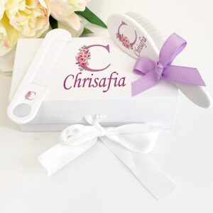 Personalized Baby Gift Girls - Baby Brush and Comb Set, Suitable for Ages 0-3 Years, New Baby Gift - Floral Initial Purple, Baby Gift