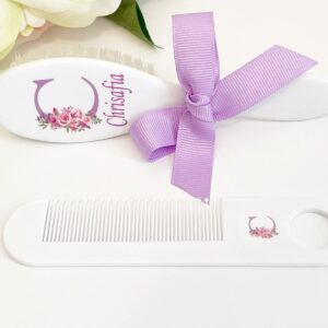 Personalized Baby Gift Girls - Baby Brush and Comb Set, Suitable for Ages 0-3 Years, New Baby Gift - Floral Initial Purple, Baby Gift