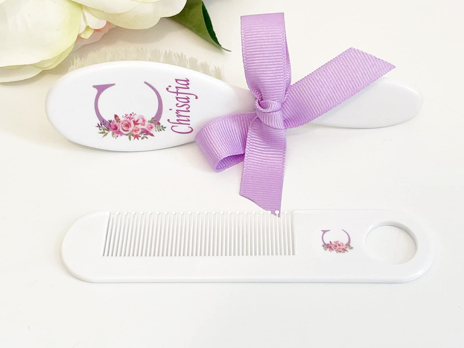 Personalized Baby Gift Girls - Baby Brush and Comb Set, Suitable for Ages 0-3 Years, New Baby Gift - Floral Initial Purple, Baby Gift