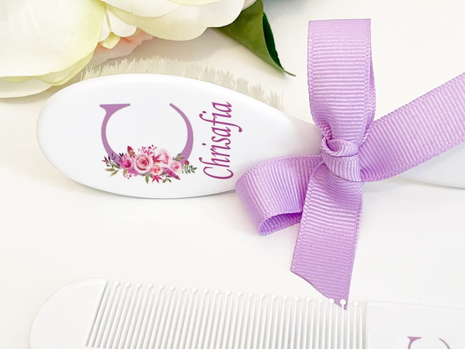 Personalized Baby Gift Girls - Baby Brush and Comb Set, Suitable for Ages 0-3 Years, New Baby Gift - Floral Initial Purple, Baby Gift