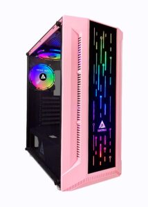 apevia matrix-pk mid tower gaming case with 1 x tempered glass panel, top usb3.0/usb2.0/audio ports, 4 x rgb fans, pink frame