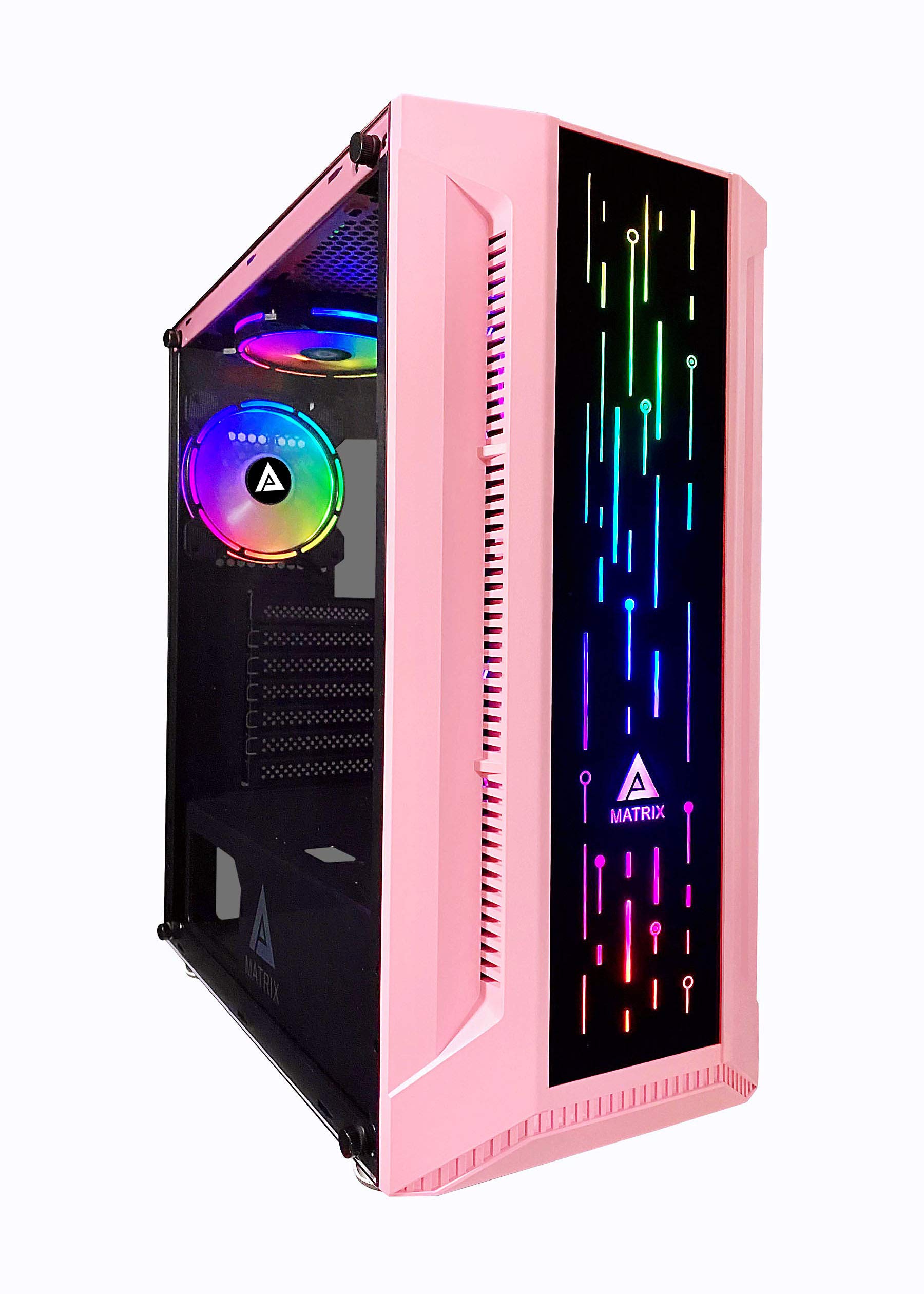 Apevia Matrix-PK Mid Tower Gaming Case with 1 x Tempered Glass Panel, Top USB3.0/USB2.0/Audio Ports, 4 x RGB Fans, Pink Frame