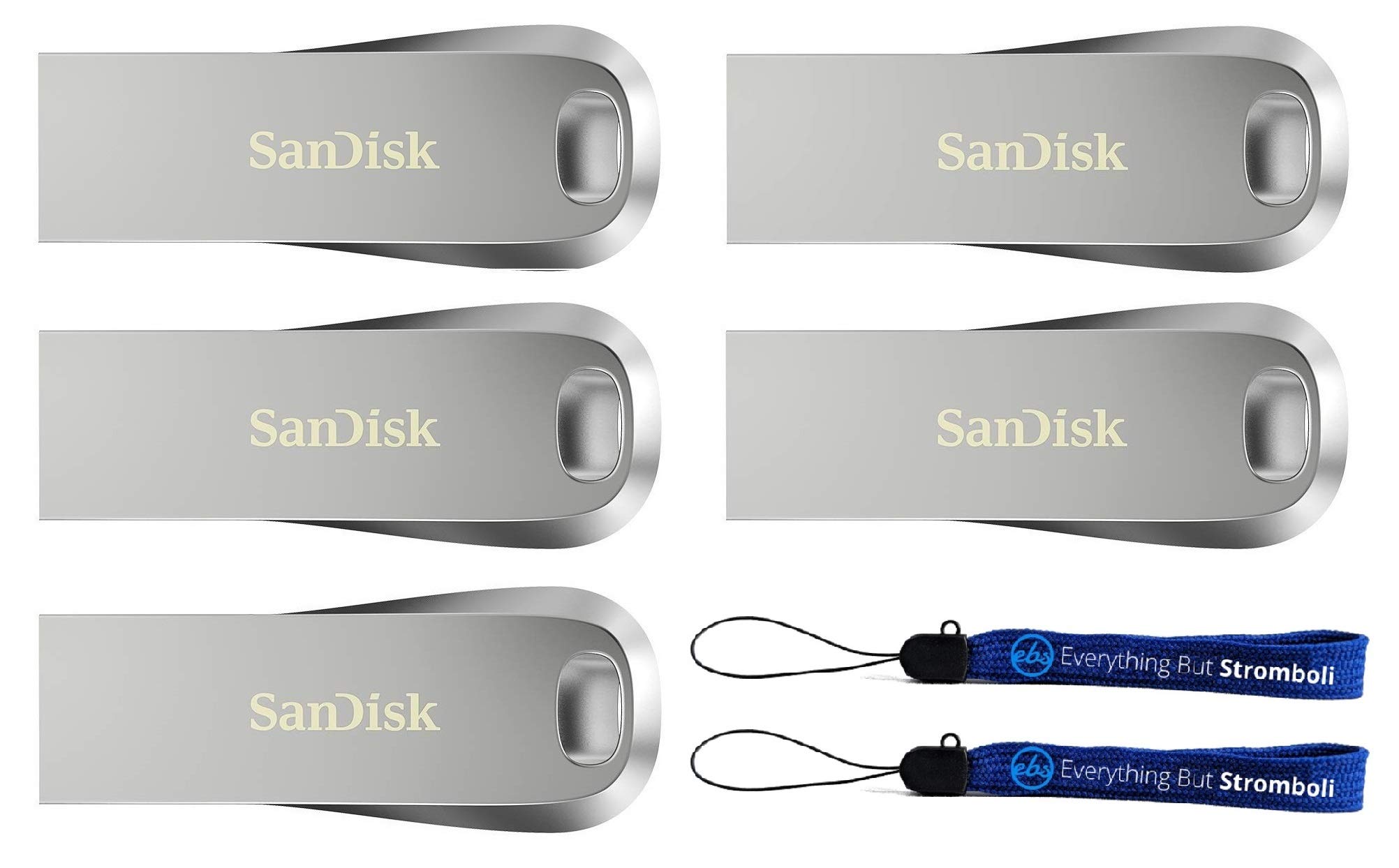 SanDisk Ultra Luxe 64GB USB 3.1 Flash Drive (Bulk 5 Pack) Works with Computer, Laptop, 150MB/s 64 GB PenDrive High Speed All Metal (SDCZ74-064G-G46) Bundle with (2) Everything But Stromboli Lanyards