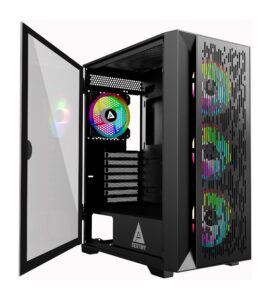apevia predator-pk mid tower gaming case with 1x tempered glass panel, top usb3.0/usb2.0/audio ports, 4x rgb fans, pink case