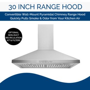 Broan-NuTone BWP2304SS 30-inch Wall-Mount Convertible Chimney-Style Pyramidal Range Hood with 3-Speed Exhaust Fan and Light, Stainless Steel