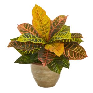 nearly natural 15in. garden croton artificial plant in ceramic planter (real touch)