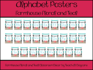 printable farmhouse floral and teal alphabet posters