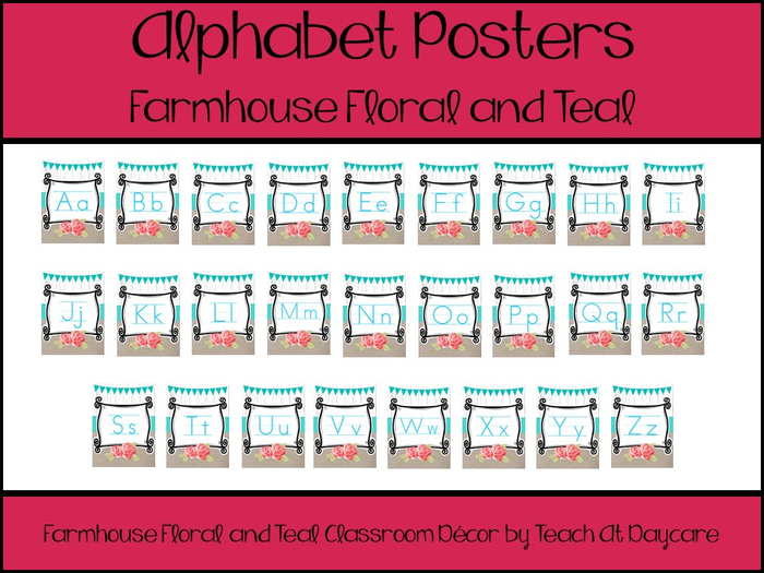 Printable Farmhouse Floral and Teal Alphabet Posters