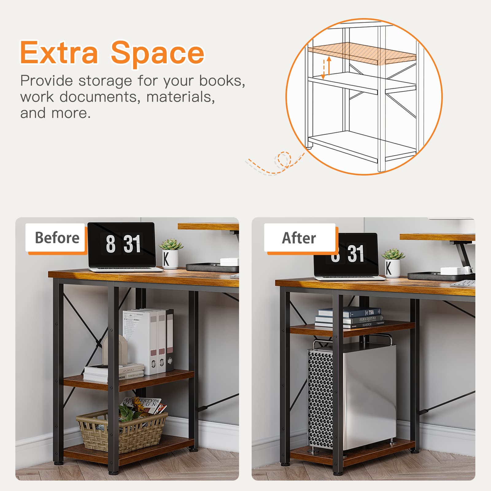 ODK Computer Desk with Shelves, 55" Home Office Desk with Monitor Shelf, 2 Tiers Shelves Study Writing Table, Modern Simple Style PC Desk, Stable Workstation, Printer Space, Easy to Assemble, Teak