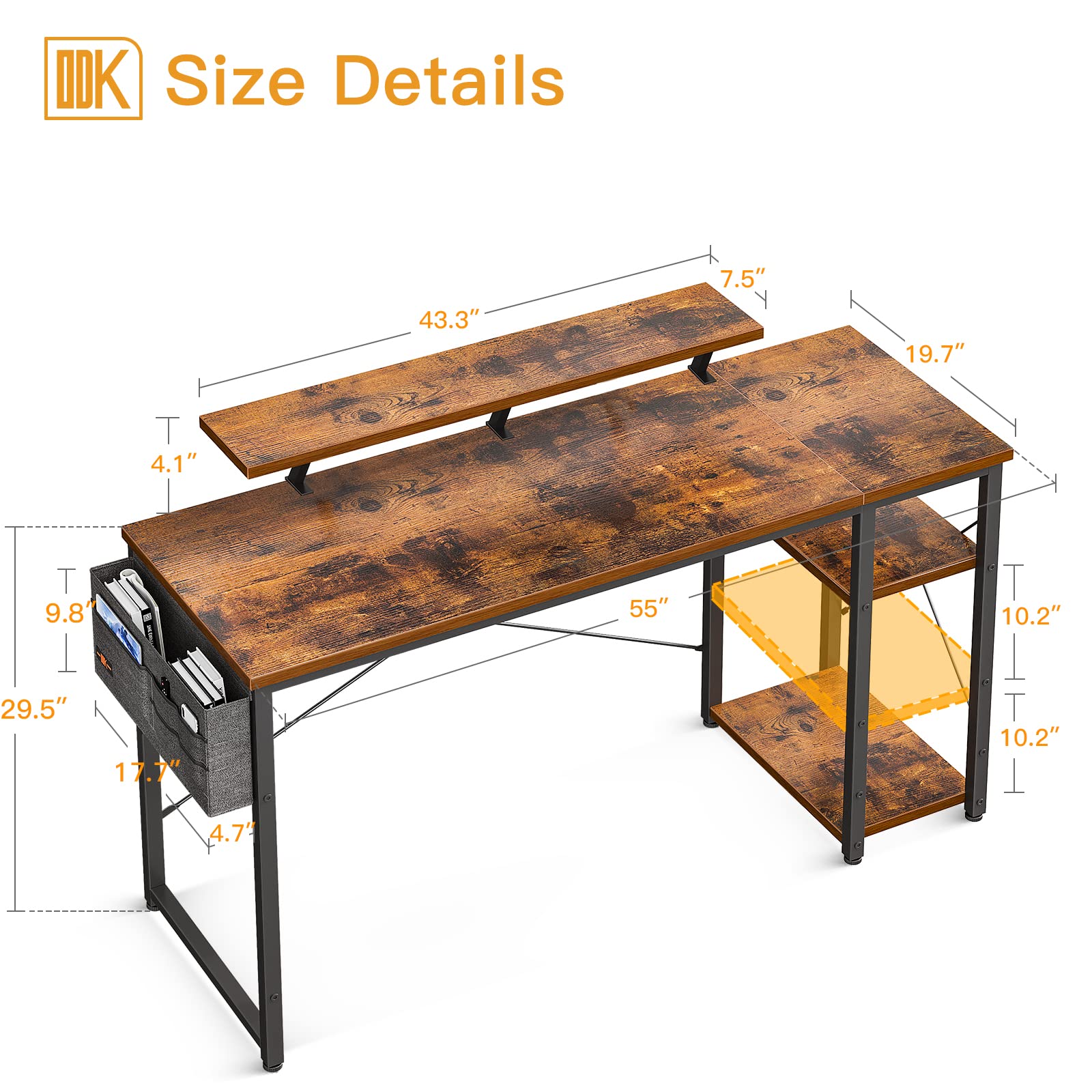 ODK Computer Desk with Shelves, 55" Home Office Desk with Monitor Shelf, 2 Tiers Shelves Study Writing Table, Modern Simple Style PC Desk, Stable Workstation, Printer Space, Easy to Assemble, Teak