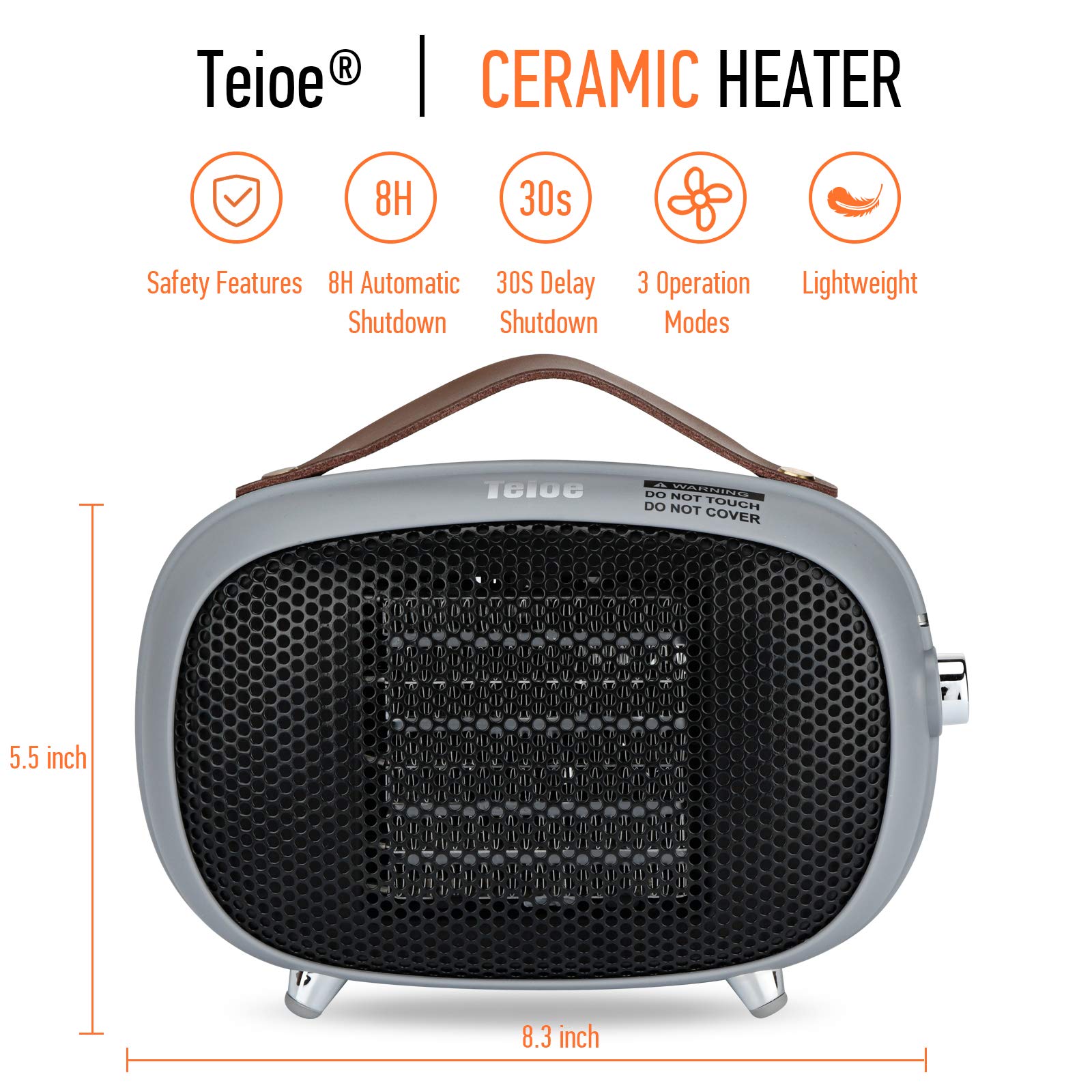 Space Heater, Teioe Mini Electric Space Heater 800W/400W, Small PTC Ceramic Heater with Tip-Over and Overheat Protection, 3 Operating Modes, Space Heaters for Office, Bedroom and Under Desk (GREY)