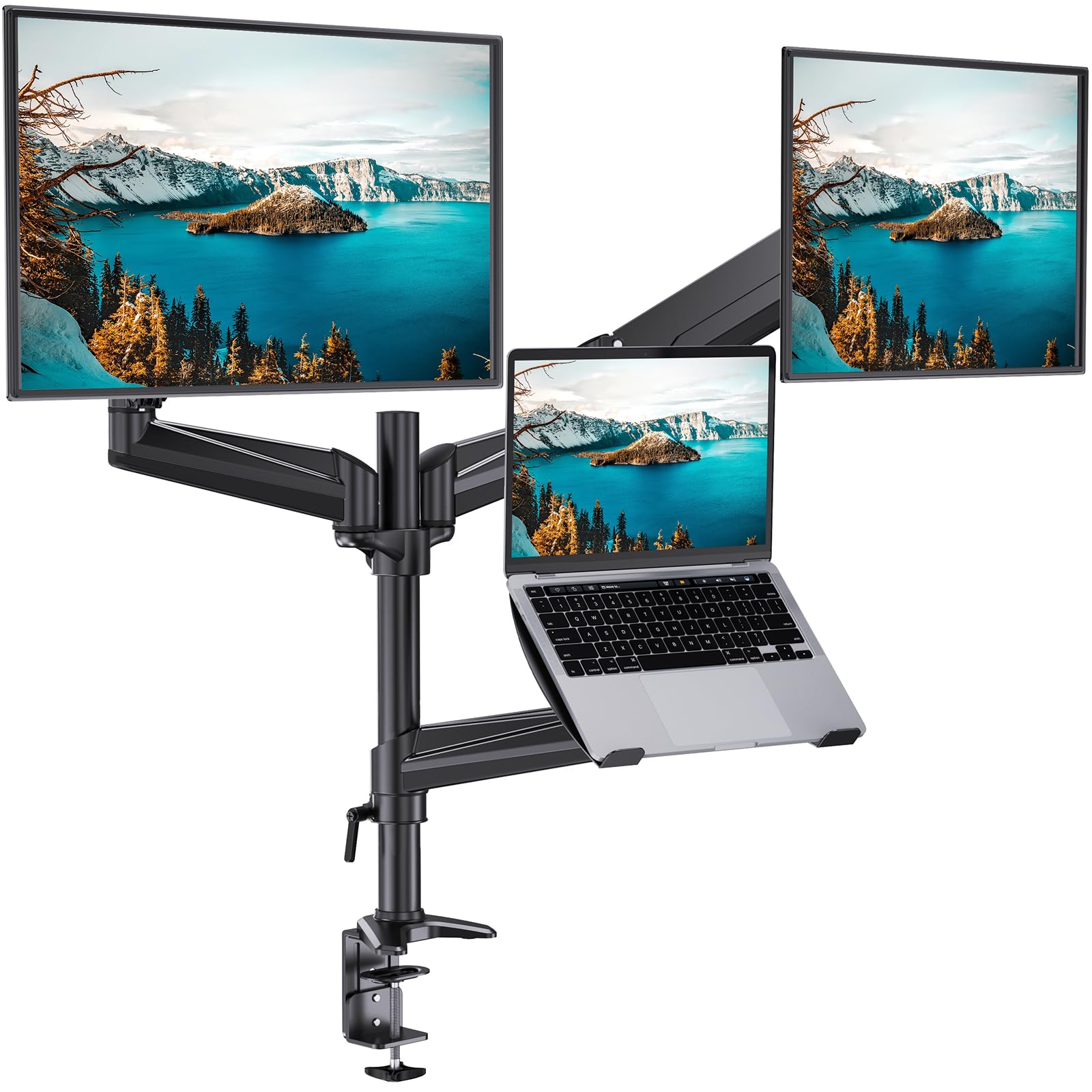 HUANUO Dual Monitor and Laptop Mount for Max 32” Monitor and 17” Laptop, Adjustable Spring Arm with Tilt, Swivel and Rotation, Dual Monitor and Notebook Stand with VESA Bracket 75/100 mm