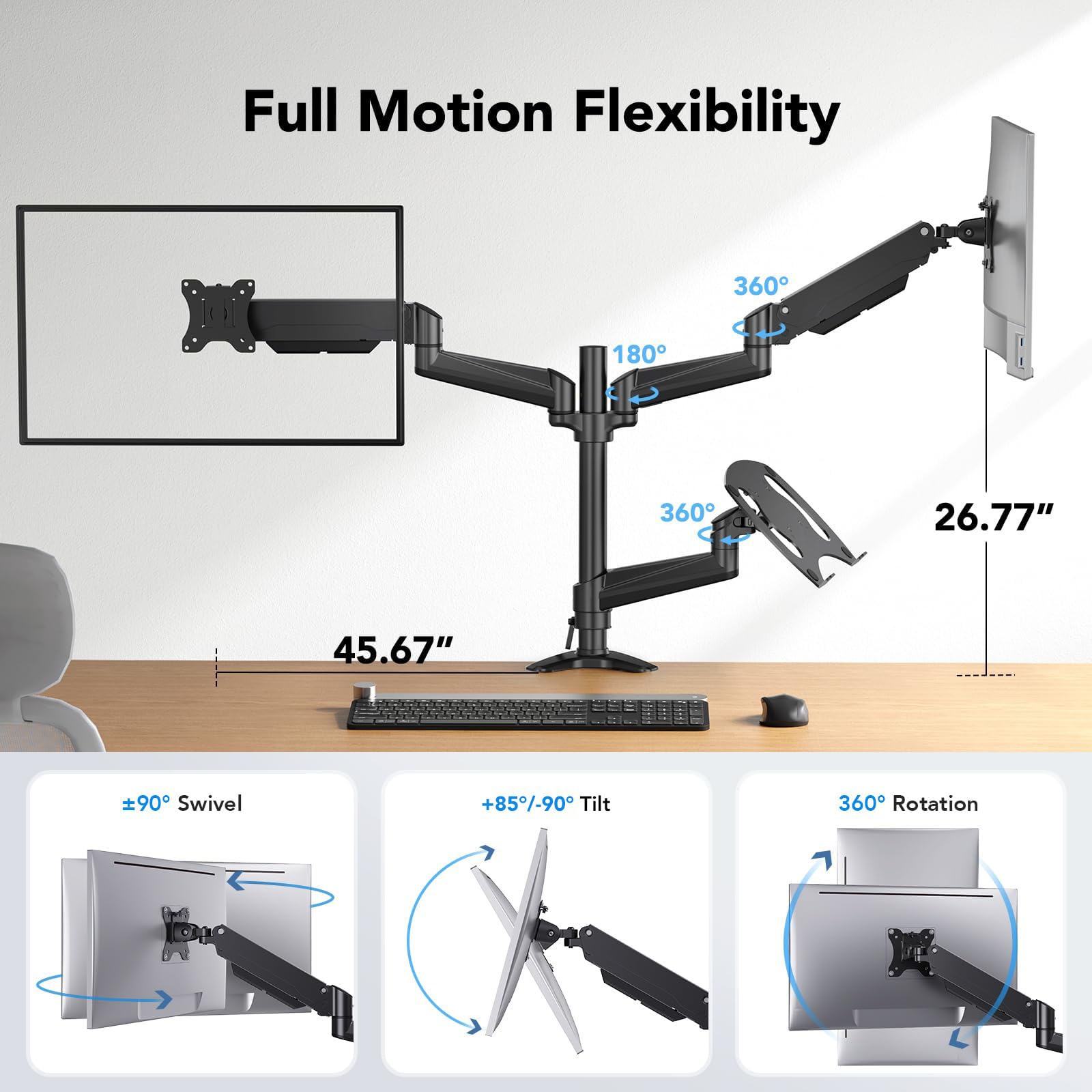 HUANUO Dual Monitor and Laptop Mount for Max 32” Monitor and 17” Laptop, Adjustable Spring Arm with Tilt, Swivel and Rotation, Dual Monitor and Notebook Stand with VESA Bracket 75/100 mm