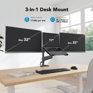 HUANUO Dual Monitor and Laptop Mount for Max 32” Monitor and 17” Laptop, Adjustable Spring Arm with Tilt, Swivel and Rotation, Dual Monitor and Notebook Stand with VESA Bracket 75/100 mm