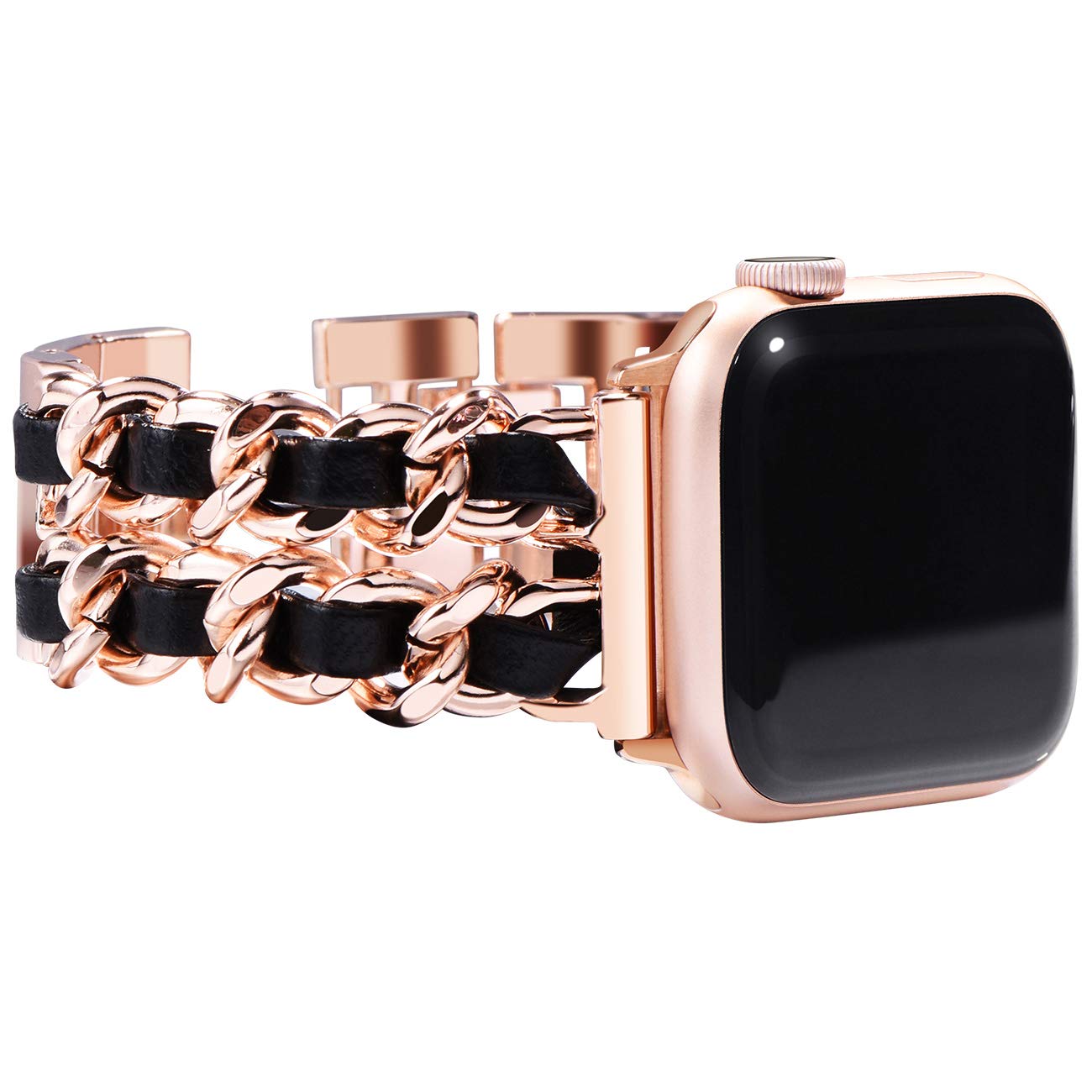 NewWays Compatible for Apple Watch Band Series 8 Series 7 41mm 40mm SE Series 6 5 4 3 38mm Jewelry Bracelet for iWatch Band Womens, Rose Gold Link with Black Leather