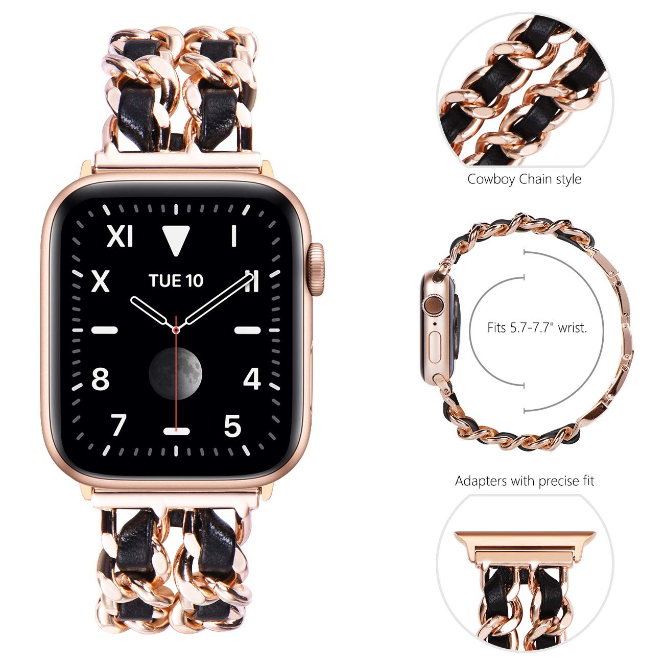 NewWays Compatible for Apple Watch Band Series 8 Series 7 41mm 40mm SE Series 6 5 4 3 38mm Jewelry Bracelet for iWatch Band Womens, Rose Gold Link with Black Leather