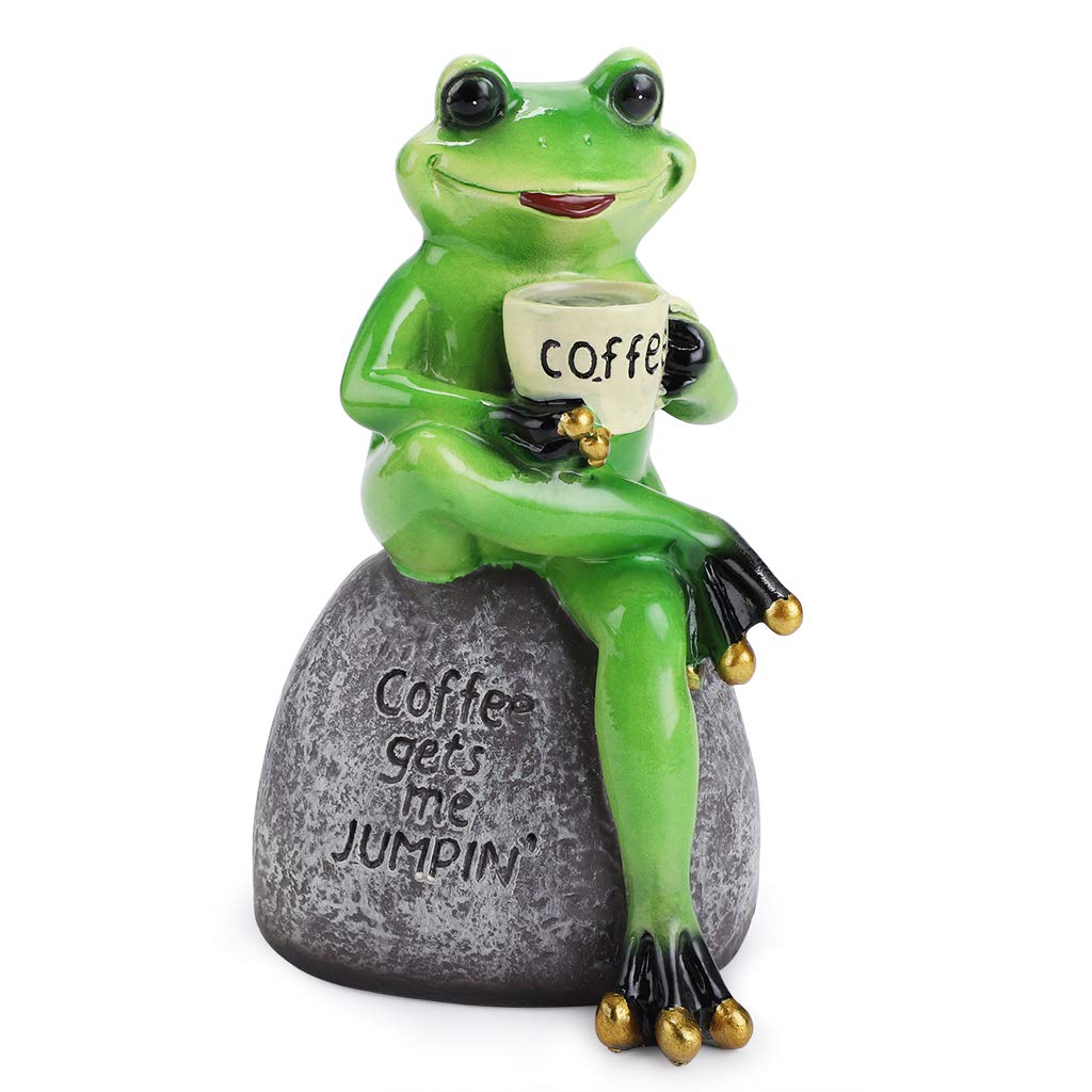 JUXYES Creative Craft Resin Frog Figurine Decor, Frog Sitting On Stone Statue Drinking Coffee Sculpture Statue, Personalized Collectible Figurines Mascot Frog for Indoor Outdoor Garden Decoration