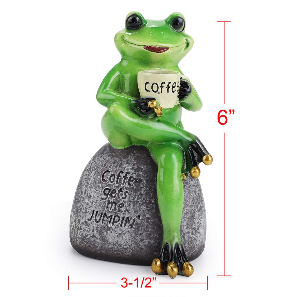 JUXYES Creative Craft Resin Frog Figurine Decor, Frog Sitting On Stone Statue Drinking Coffee Sculpture Statue, Personalized Collectible Figurines Mascot Frog for Indoor Outdoor Garden Decoration