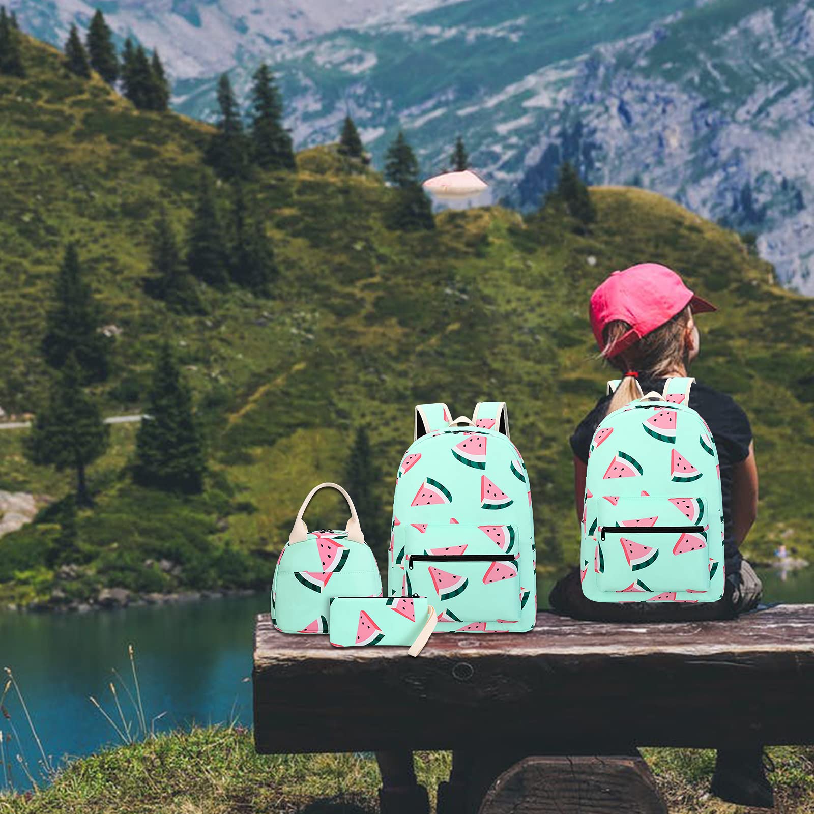 CAMTOP Backpack for Teen Girls Kids School Bookbag Lunch Box Set (Y0080-3 Watermelon-Mint Green)