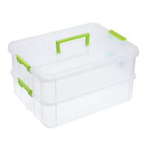 JUXYES 2-Tiers Stack Carry Storage Box With Handle, Transparent Stackable Storage Bin With Handle Lid Latching Storage Container for School & Office Supplies (Green)