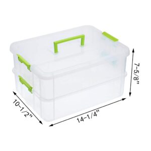 JUXYES 2-Tiers Stack Carry Storage Box With Handle, Transparent Stackable Storage Bin With Handle Lid Latching Storage Container for School & Office Supplies (Green)