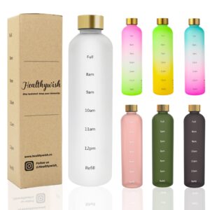 healthywish water bottle tracker, 1 liter | 32 oz, gold lid, motivational, leak proof, bpa free, cycling