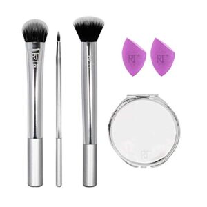 real techniques poppin' perfection makeup brush set with makeup blender beauty sponges and compact makeup mirror, set of 6