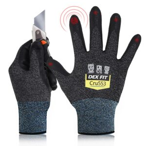 dex fit level 5 cut resistant gloves cru553, 3d-comfort fit, firm grip, thin & lightweight, touch-screen compatible, durable, breathable & cool, machine washable; black grey l (9) 1 pair