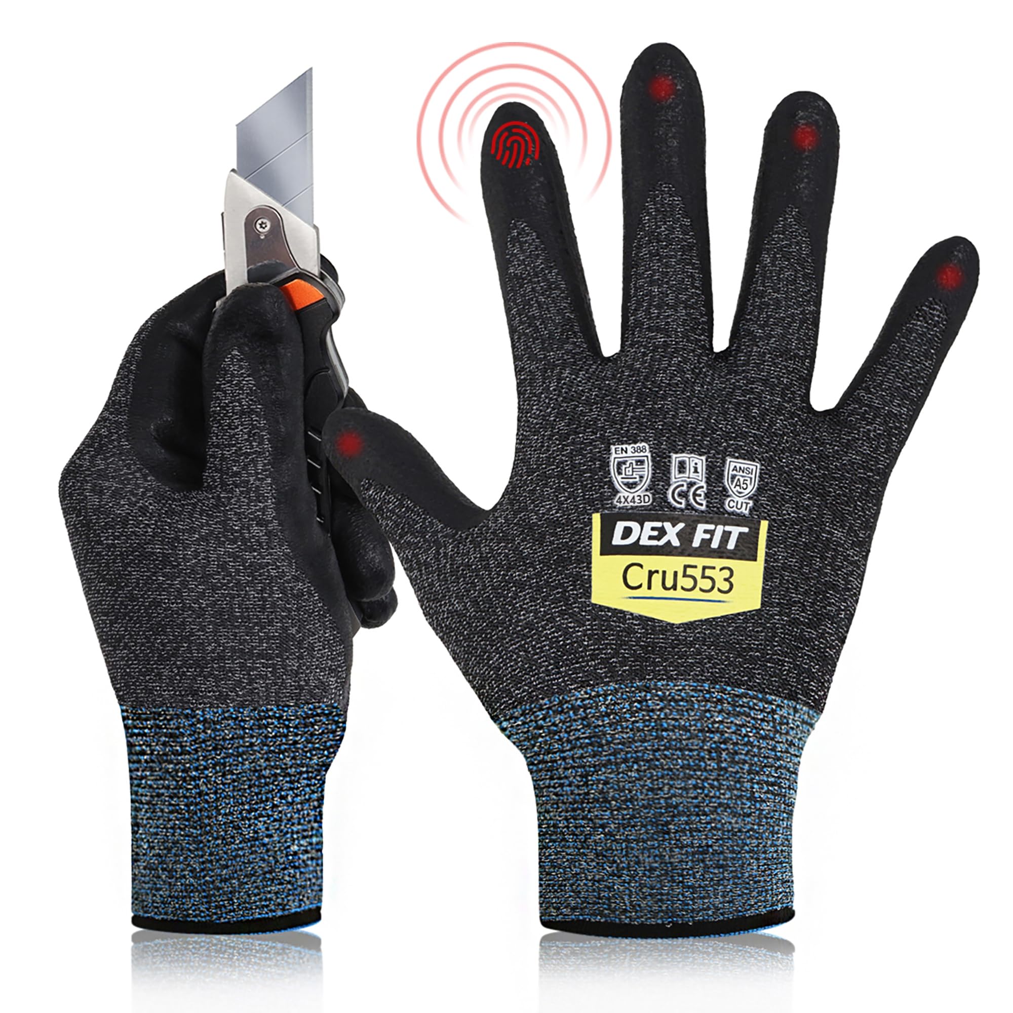 DEX FIT Level 5 Cut Resistant Gloves Cru553, 3D-Comfort Fit, Firm Grip, Thin & Lightweight, Touch-Screen Compatible, Durable, Breathable & Cool, Machine Washable; Black Grey L (9) 1 Pair