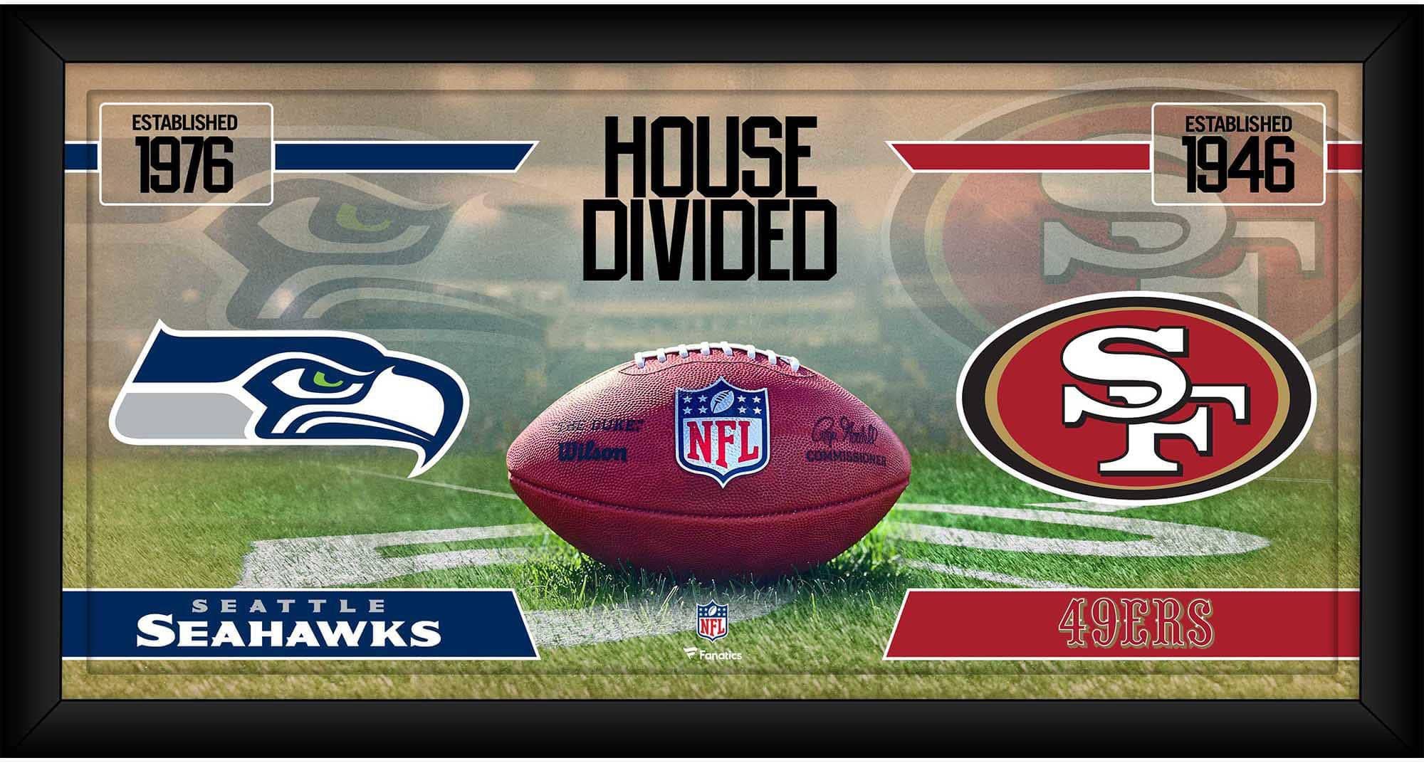 Sports Memorabilia - Seattle Seahawks vs. San Francisco 49ers Framed 10x 20House Divided Football Collage - NFL Team Plaques and Collages