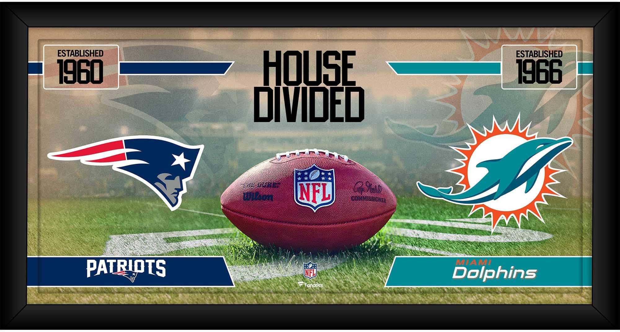 New England Patriots vs. Miami Dolphins Framed 10" x 20" House Divided Football Collage - NFL Team Plaques and Collages