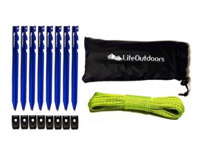 liteoutdoors ultralight tent stake kit - 12 aluminum tent pegs, 100' reflective guyline, 12 cord tensioners - for backpacking, hiking, camping