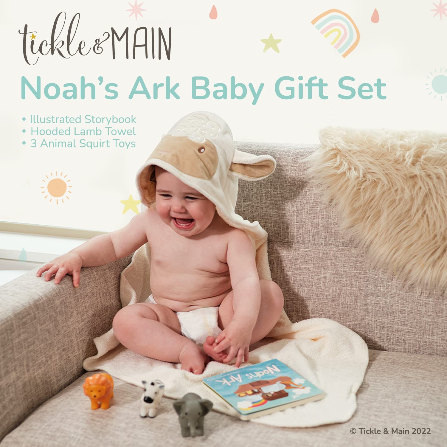 Tickle & Main Noahs Ark Toy Gift Set, 5-Piece Set Includes Book, Hooded Towel, & 3 Squirt Toys for Toddlers & Kids