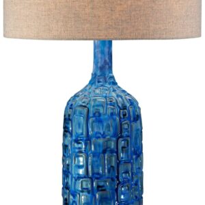 Possini Euro Design Mid Century Modern Style Table Lamp with Table Top Dimmer 36" Tall Teal Glaze Ceramic Tan Linen Drum Shade for Living Room Bedroom House Bedside Home Entryway (Colors May Vary)