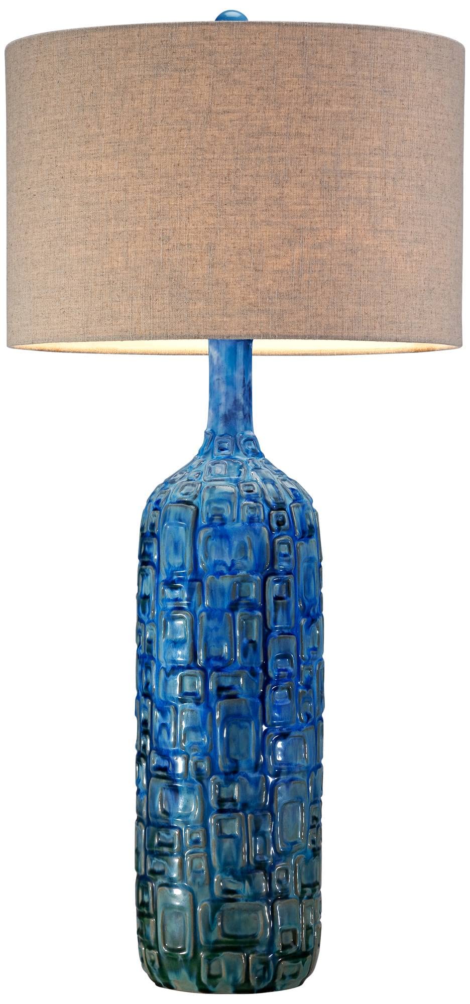 Possini Euro Design Mid Century Modern Style Table Lamp with Table Top Dimmer 36" Tall Teal Glaze Ceramic Tan Linen Drum Shade for Living Room Bedroom House Bedside Home Entryway (Colors May Vary)