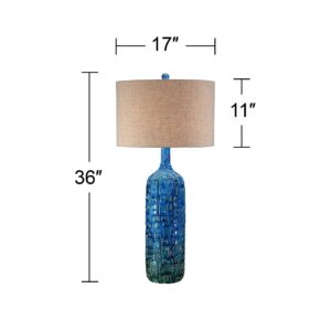 Possini Euro Design Mid Century Modern Style Table Lamp with Table Top Dimmer 36" Tall Teal Glaze Ceramic Tan Linen Drum Shade for Living Room Bedroom House Bedside Home Entryway (Colors May Vary)