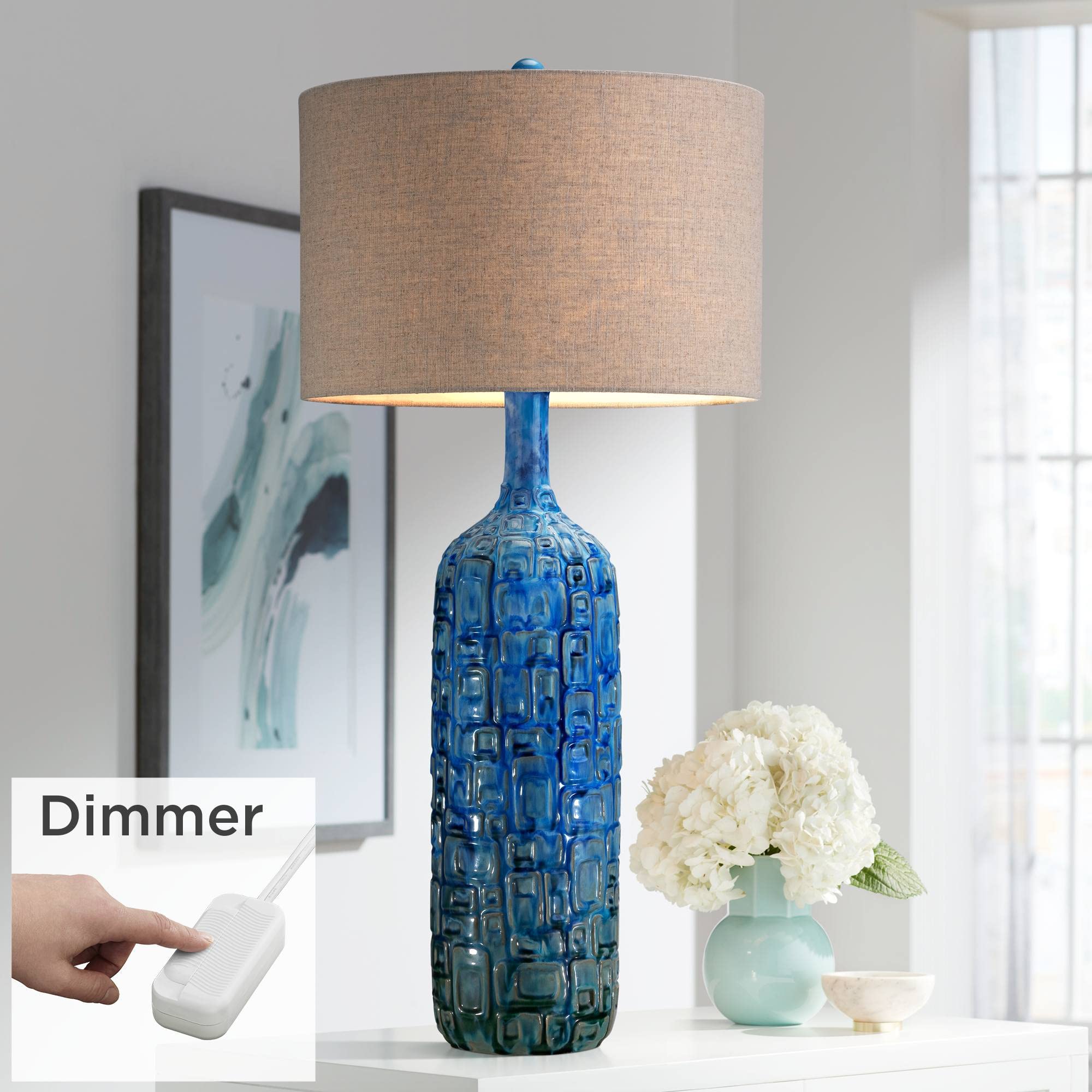 Possini Euro Design Mid Century Modern Style Table Lamp with Table Top Dimmer 36" Tall Teal Glaze Ceramic Tan Linen Drum Shade for Living Room Bedroom House Bedside Home Entryway (Colors May Vary)