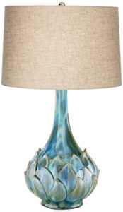 possini euro design kenya modern tropical table lamp with dimmer 29 1/2" tall blue green glaze ceramic beige linen drum shade for bedroom living room house home bedside nightstand office family