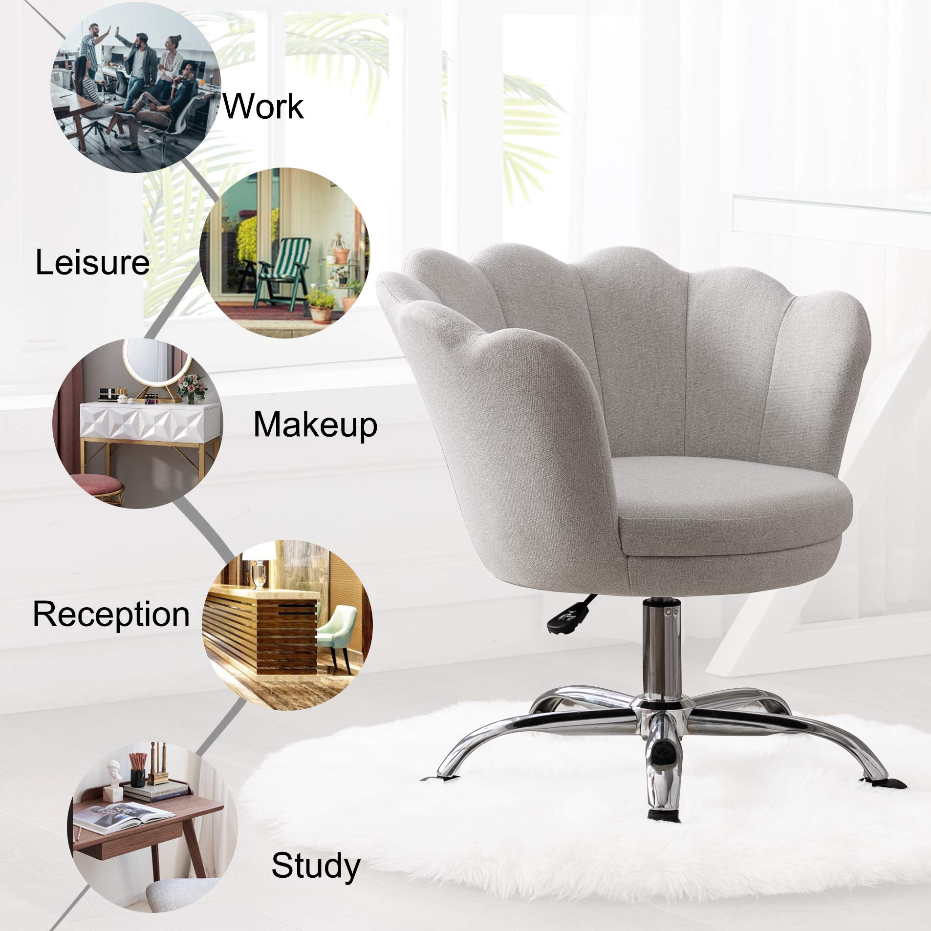 SSLine Home Office Chair,Modern Living Room Chair Linen Fabric Shell Accent Chair,360° Upholstered Adjustable Swivel Armchair Reception Chair for Office, Living Room,Bed Room (Beige)