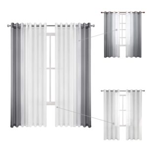 dwcn grommet grey ombre sheer curtains bundle white linen look sheer curtains for living room, set of 4 panels, 52 x 84 inches long