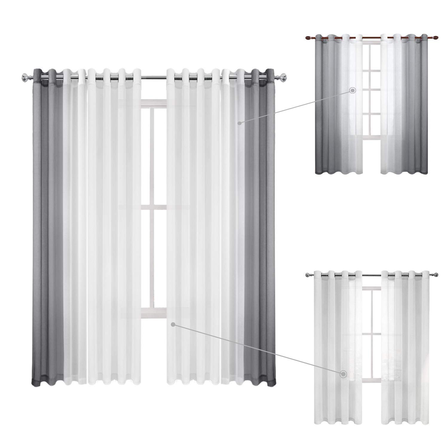 DWCN Grommet Grey Ombre Sheer Curtains Bundle White Linen Look Sheer Curtains for Living Room, Set of 4 Panels, 52 x 84 Inches Long