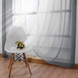 DWCN Grommet Grey Ombre Sheer Curtains Bundle White Linen Look Sheer Curtains for Living Room, Set of 4 Panels, 52 x 84 Inches Long