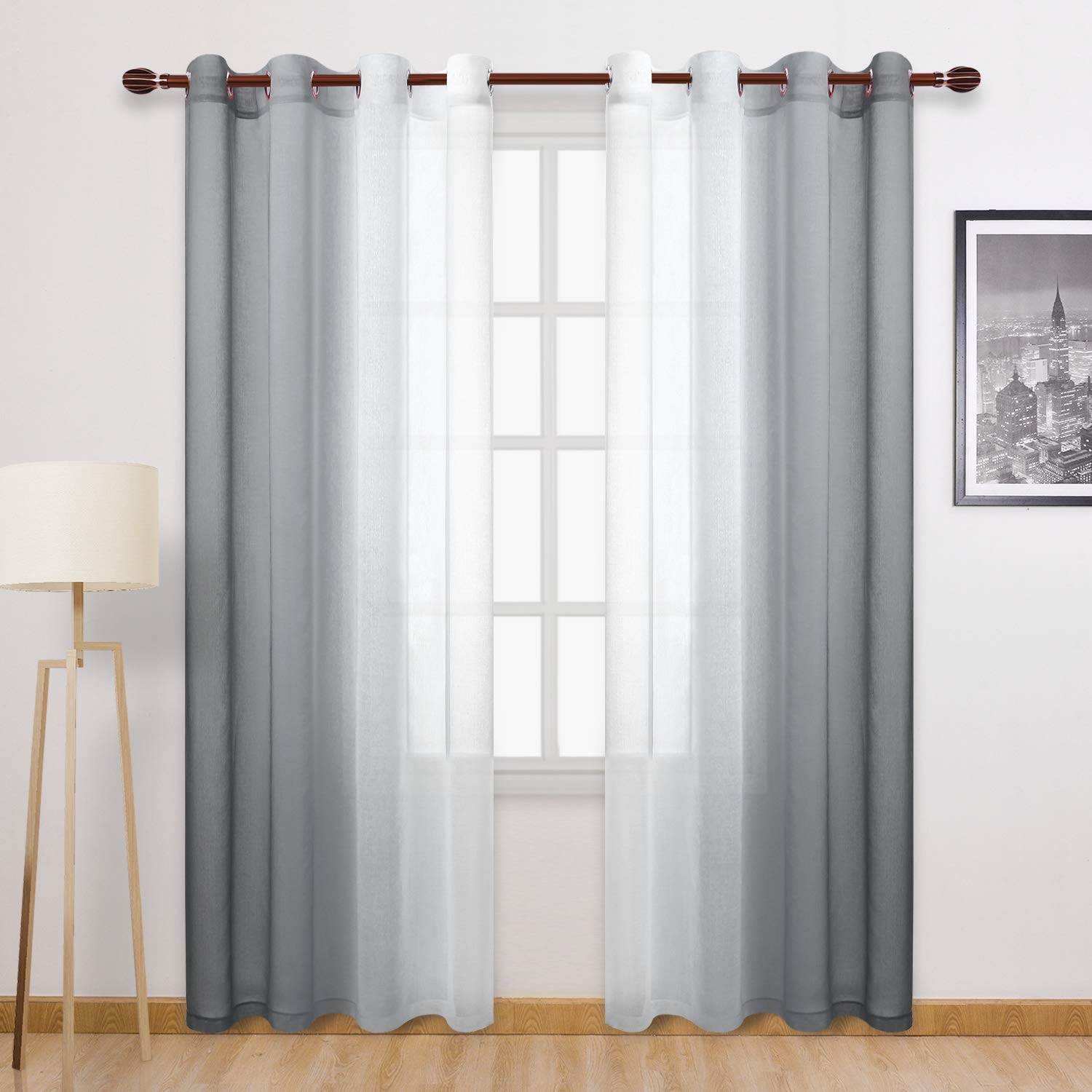 DWCN Grommet Grey Ombre Sheer Curtains Bundle White Linen Look Sheer Curtains for Living Room, Set of 4 Panels, 52 x 84 Inches Long