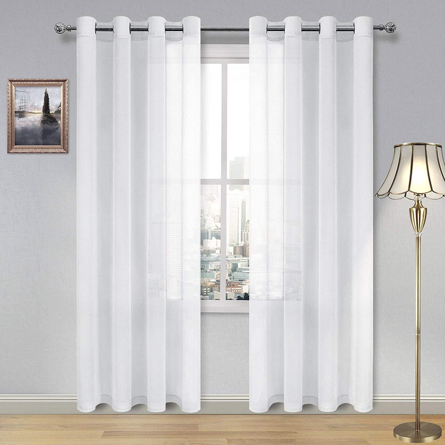 DWCN Grommet Grey Ombre Sheer Curtains Bundle White Linen Look Sheer Curtains for Living Room, Set of 4 Panels, 52 x 84 Inches Long