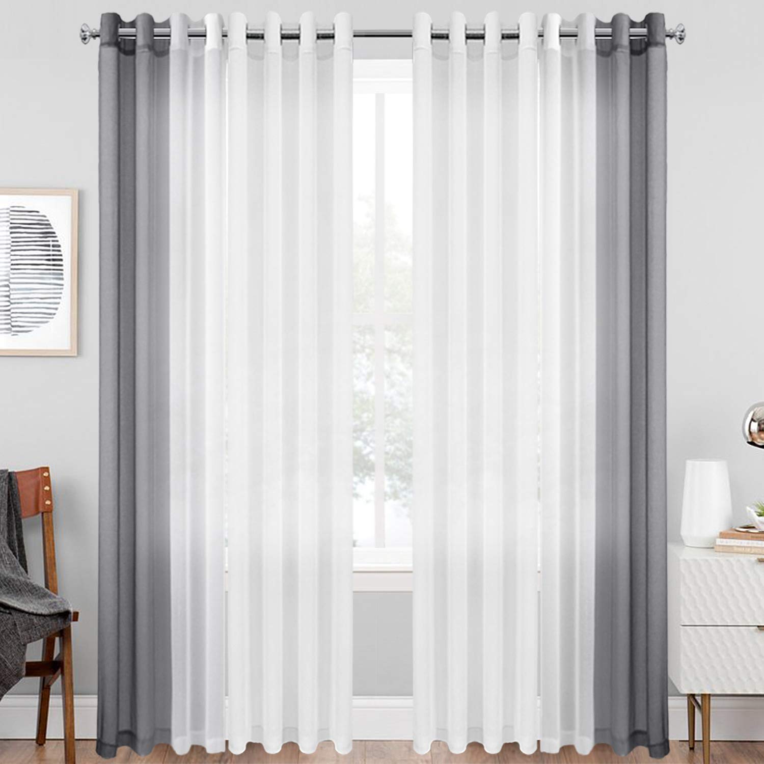 DWCN Grommet Grey Ombre Sheer Curtains Bundle White Linen Look Sheer Curtains for Living Room, Set of 4 Panels, 52 x 84 Inches Long