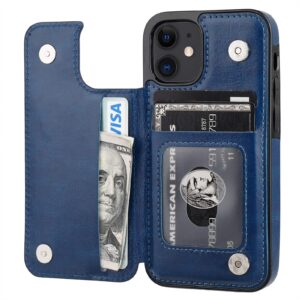 onetop compatible with iphone 12 mini wallet case with card holder, pu leather kickstand card slots case, double magnetic clasp and durable shockproof cover 5.4 inch(blue)