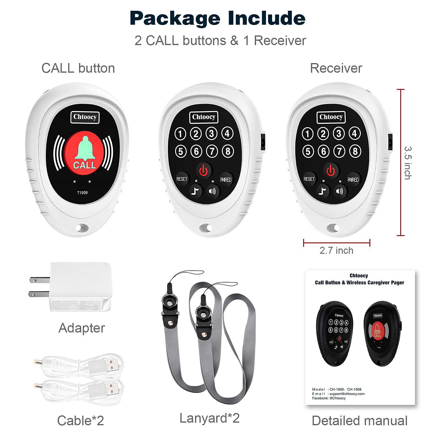 Chtoocy Rechargeable Wireless Caregiver Pager Smart Call Button 1000 Ft Range Nurse Calling Alert Patient Help System for Elderly Monitoring SOS Alert System Alarm