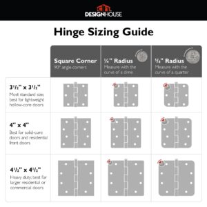 Design House 188961 5/8" Radius Corner Steel Door Hinge Door Hardware Door Hinges Interior Doors, 4"x4", Matte Black, 3-Pack
