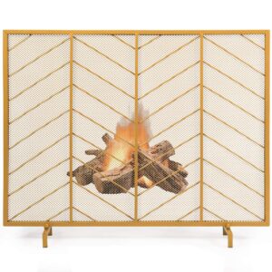 tangkula fireplace screen, contemporary chevron freestanding fireplace screen w/sturdy wrought iron frame, gold-tone fire spark guard gate w/metal decorative mesh for outdoor or indoor use