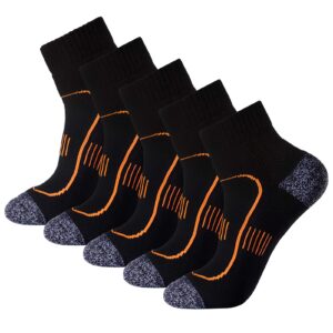 men's 5-pack black cushioned anti odor blister proof quarter crew compression running socks, size 7-12